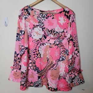 Talbots Womens Blouse Size 1X Pink Floral Back Button Long Sleeve Bow Cuff Top